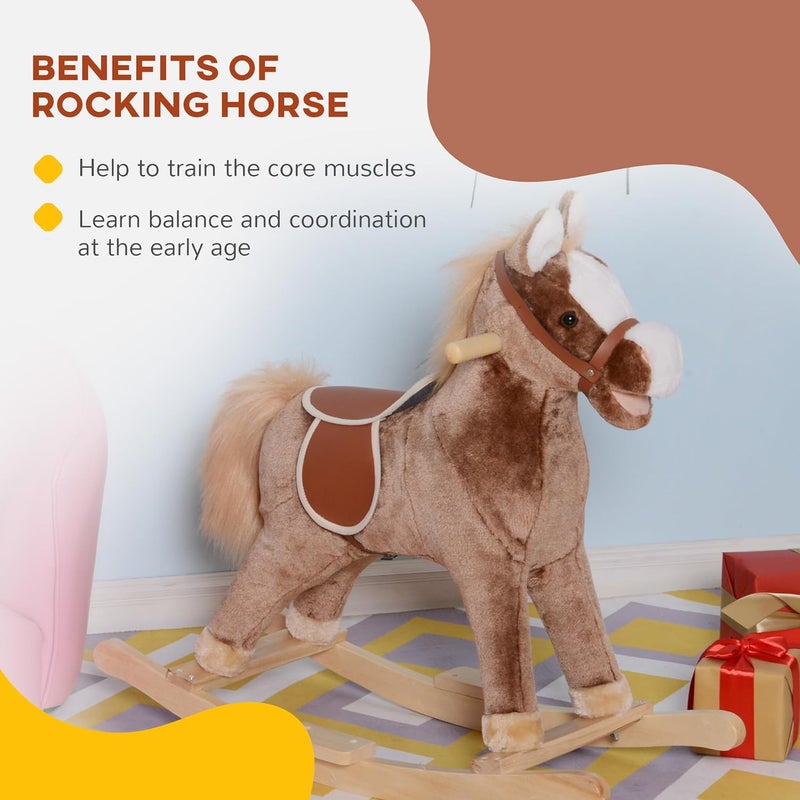 Qaba Kids Rocking Horse, Plush Toddler Rocker, Wooden Base Ride-On Toy with Handle Grip, Traditional Toy for Kids 36M+, Brown - Image 5